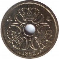 obverse of 2 Kroner - Margrethe II (1992 - 2014) coin with KM# 874 from Denmark. Inscription: 1992