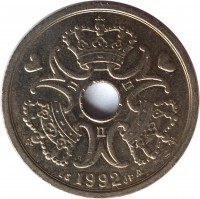 Denmark coin 2 Kroner - Margrethe II (1992 - 2014) obverse obverse of 2 Kroner - Margrethe II (1992 - 2014) coin with KM# 874 from Denmark. Inscription: 1992
