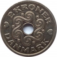 reverse of 2 Kroner - Margrethe II (1992 - 2014) coin with KM# 874 from Denmark. Inscription: 2 KRONER DANMARK