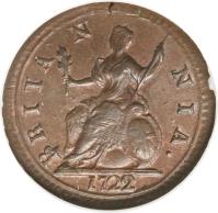 reverse of 1 Farthing - George I - Larger (1719 - 1724) coin with KM# 556 from United Kingdom. Inscription: BRITA N NIA. 1722