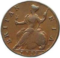 United Kingdom coin 1/2 Penny - George II (1729 - 1739) reverse reverse of 1/2 Penny - George II (1729 - 1739) coin with KM# 566 from United Kingdom. Inscription: BRITAN NIA · 1733