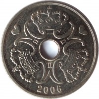 obverse of 5 Kroner - Margrethe II (1990 - 2014) coin with KM# 869 from Denmark. Inscription: 2006