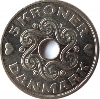 Denmark coin 5 Kroner - Margrethe II (1990 - 2014) reverse reverse of 5 Kroner - Margrethe II (1990 - 2014) coin with KM# 869 from Denmark. Inscription: 5 KRONER DANMARK