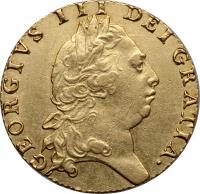 United Kingdom coin 1 Guinea - George III (1787 - 1799) obverse obverse of 1 Guinea - George III (1787 - 1799) coin with KM# 609 from United Kingdom. Inscription: GEORGIVS III DEI GRATIA ·
