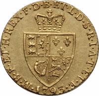 United Kingdom coin 1 Guinea - George III (1787 - 1799) reverse reverse of 1 Guinea - George III (1787 - 1799) coin with KM# 609 from United Kingdom. Inscription: M · B · F · ET · H · REX · F · D · B · ET · L · D · S · R · I · A · T · ET · E · 1793 ·