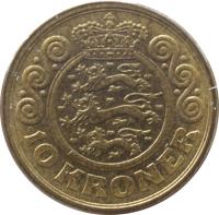 Denmark coin 10 Kroner - Margrethe II - 1'st Coat of Arms; 3'rd Portrait (1994 - 1999) reverse reverse of 10 Kroner - Margrethe II - 1'st Coat of Arms; 3'rd Portrait (1994 - 1999) coin with KM# 877 from Denmark. Inscription: 10 KRONER