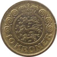 reverse of 10 Kroner - Margrethe II - 1'st Coat of Arms; 3'rd Portrait (1994 - 1999) coin with KM# 877 from Denmark. Inscription: 10 KRONER