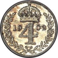 United Kingdom coin 4 Pence - Edward VII - Maundy Coinage (1902 - 1910) reverse reverse of 4 Pence - Edward VII - Maundy Coinage (1902 - 1910) coin with KM# 798 from United Kingdom. Inscription: 19 4 02