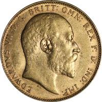 United Kingdom coin 1 Sovereign - Edward VII (1902 - 1910) obverse obverse of 1 Sovereign - Edward VII (1902 - 1910) coin with KM# 805 from United Kingdom. Inscription: EDWARDVS VII D:G: BRITT: OMN: REX F:D: IND: IMP: