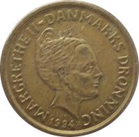 Denmark coin 20 Kroner - Margrethe II - 1'st Coat of Arms; 3'rd Portrait (1994 - 1999) obverse obverse of 20 Kroner - Margrethe II - 1'st Coat of Arms; 3'rd Portrait (1994 - 1999) coin with KM# 878 from Denmark. Inscription: MARGRETHE II ♥ DANMARKS DRONNING 1994