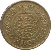 reverse of 20 Kroner - Margrethe II - 1'st Coat of Arms; 3'rd Portrait (1994 - 1999) coin with KM# 878 from Denmark. Inscription: 20 KRONER