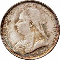 obverse of 4 Pence - Victoria - Maundy Coinage; 3'rd Portrait (1893 - 1901) coin with KM# 778 from United Kingdom. Inscription: VICTORIA · DEI · GRA · BRITT · REGINA · FID · DEF IND · IMP ·