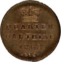 reverse of 1/4 Farthing - Victoria (1839 - 1868) coin with KM# 737 from United Kingdom. Inscription: QUARTER FARTHING 1852