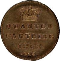 United Kingdom coin 1/4 Farthing - Victoria (1839 - 1868) reverse reverse of 1/4 Farthing - Victoria (1839 - 1868) coin with KM# 737 from United Kingdom. Inscription: QUARTER FARTHING 1852