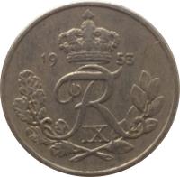 obverse of 10 Øre - Frederik IX (1948 - 1960) coin with KM# 841 from Denmark. Inscription: 19 53