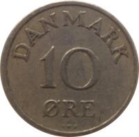 reverse of 10 Øre - Frederik IX (1948 - 1960) coin with KM# 841 from Denmark. Inscription: DANMARK 10 ØRE