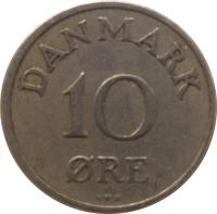 Denmark coin 10 Øre - Frederik IX (1948 - 1960) reverse reverse of 10 Øre - Frederik IX (1948 - 1960) coin with KM# 841 from Denmark. Inscription: DANMARK 10 ØRE