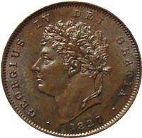 obverse of 1/3 Farthing - George IV (1827) coin with KM# 703 from United Kingdom. Inscription: GEORGIUS IV DEI GRATIA · 1827 ·