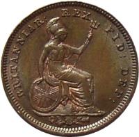 United Kingdom coin 1/3 Farthing - George IV (1827) reverse reverse of 1/3 Farthing - George IV (1827) coin with KM# 703 from United Kingdom. Inscription: BRITANNIAR: REX FID: DEF: