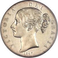 obverse of 1 Crown - Victoria - 1'st Portrait (1839 - 1847) coin with KM# 741 from United Kingdom. Inscription: VICTORIA DEI GRATIA 1847