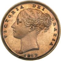 obverse of 1 Farthing - Victoria - 1'st Portrait (1839 - 1853) coin with KM# 725a from United Kingdom. Inscription: VICTORIA DEI GRATIA 1853