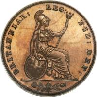 United Kingdom coin 1 Farthing - Victoria - 1'st Portrait (1839 - 1853) reverse reverse of 1 Farthing - Victoria - 1'st Portrait (1839 - 1853) coin with KM# 725a from United Kingdom. Inscription: BRITANNIAR: REG: FID: DEF: