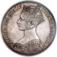 obverse of 1 Crown - Victoria (1847 - 1853) coin with KM# 744 from United Kingdom. Inscription: VICTORIA DEI GRATIA BRITANNIAR.REG:F:D ·