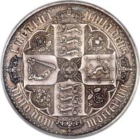 reverse of 1 Crown - Victoria (1847 - 1853) coin with KM# 744 from United Kingdom. Inscription: TUEATUR UNITA DEUS<BR />ANNO DOM MDCCCXLVII