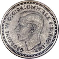 obverse of 3 Pence - George VI - Maundy Coinage (1937 - 1946) coin with KM# 850 from United Kingdom. Inscription: GEORGIVS VI D:G:BR:OMN:REX F:D:IND:IMP.
