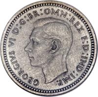 United Kingdom coin 3 Pence - George VI - Maundy Coinage (1937 - 1946) obverse obverse of 3 Pence - George VI - Maundy Coinage (1937 - 1946) coin with KM# 850 from United Kingdom. Inscription: GEORGIVS VI D:G:BR:OMN:REX F:D:IND:IMP.