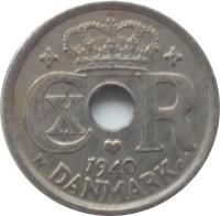 obverse of 25 Øre - Christian X (1924 - 1947) coin with KM# 823 from Denmark. Inscription: 1940 DANMARK