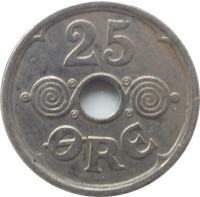 reverse of 25 Øre - Christian X (1924 - 1947) coin with KM# 823 from Denmark. Inscription: 25 ØRE