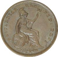 United Kingdom coin 1/3 Farthing - Victoria - 1'st Portrait (1844) reverse reverse of 1/3 Farthing - Victoria - 1'st Portrait (1844) coin with KM# 743 from United Kingdom. Inscription: BRITANNIAR: REG: FID: DEF: