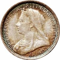 obverse of 2 Pence - Victoria - Maundy Coinage; 3'rd Portrait (1893 - 1901) coin with KM# 776 from United Kingdom. Inscription: VICTORIA · DEI · GRA · BRITT · REGINA · FID · DEF IND · IMP · TB