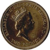 United Kingdom coin 2 Pounds - Elizabeth II - Bank of England Anniversary - 3'rd Portrait (1994) obverse obverse of 2 Pounds - Elizabeth II - Bank of England Anniversary - 3'rd Portrait (1994) coin with KM# 968 from United Kingdom. Inscription: ELIZABETH · II · DEI · GRATIA · REGINA · F · D · TWO POUNDS · RDM