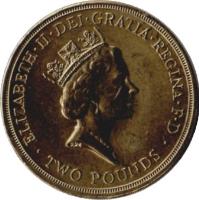 obverse of 2 Pounds - Elizabeth II - Bank of England Anniversary - 3'rd Portrait (1994) coin with KM# 968 from United Kingdom. Inscription: ELIZABETH · II · DEI · GRATIA · REGINA · F · D · TWO POUNDS · RDM