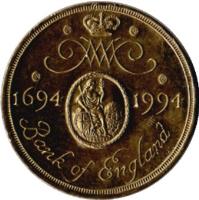 United Kingdom coin 2 Pounds - Elizabeth II - Bank of England Anniversary - 3'rd Portrait (1994) reverse reverse of 2 Pounds - Elizabeth II - Bank of England Anniversary - 3'rd Portrait (1994) coin with KM# 968 from United Kingdom. Inscription: WM 1694 1994 Bank of England