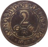 reverse of 2 Øre - Frederik VIII (1907 - 1912) coin with KM# 805 from Denmark. Inscription: KONGERIGET DANMARK 2 ØRE 1912