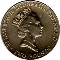 obverse of 2 Pounds - Elizabeth II - Football - 3'rd Portrait (1996) coin with KM# 973 from United Kingdom. Inscription: ELIZABETH · II · DEI · GRATIA · REGINA · F · D · 2 POUNDS · RDM