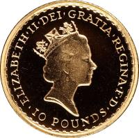 obverse of 10 Pounds - Elizabeth II - Standing Britannia Bullion; 3'rd portrait (1987 - 1989) coin with KM# 950 from United Kingdom. Inscription: ELIZABETH|II|DEI|GRATIA|REGINA|F|D |I0 POUNDS| RDM