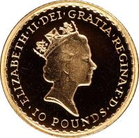 United Kingdom coin 10 Pounds - Elizabeth II - Standing Britannia Bullion; 3'rd portrait (1987 - 1989) obverse obverse of 10 Pounds - Elizabeth II - Standing Britannia Bullion; 3'rd portrait (1987 - 1989) coin with KM# 950 from United Kingdom. Inscription: ELIZABETH|II|DEI|GRATIA|REGINA|F|D |I0 POUNDS| RDM