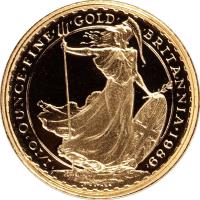 reverse of 10 Pounds - Elizabeth II - Standing Britannia Bullion; 3'rd portrait (1987 - 1989) coin with KM# 950 from United Kingdom. Inscription: |I/I0|ONE|OUNCE|FINE| |GOLD| |BRITANNIA|I989| P.NATHAN