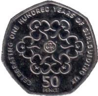 United Kingdom coin 50 Pence - Elizabeth II - Girlguiding - 4'th Portrait (2010) reverse reverse of 50 Pence - Elizabeth II - Girlguiding - 4'th Portrait (2010) coin with KM# 1165 from United Kingdom. Inscription: CELEBRATING ONE HUNDRED YEARS OF GIRLGUIDING UK 50 PENCE DH JE