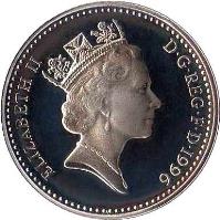 United Kingdom coin 10 Pence - Elizabeth II - Smaller; Silver Proof (1992 - 1996) obverse obverse of 10 Pence - Elizabeth II - Smaller; Silver Proof (1992 - 1996) coin with KM# 938c from United Kingdom. Inscription: ELIZABETH II D · G · REG · F · D · 1992 RDM