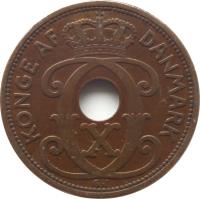 obverse of 5 Øre - Christian X (1927 - 1940) coin with KM# 828 from Denmark. Inscription: KONGE AF DANMARK