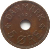 reverse of 5 Øre - Christian X (1927 - 1940) coin with KM# 828 from Denmark. Inscription: DANMARK 1927 5 ØRE