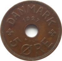 Denmark coin 5 Øre - Christian X (1927 - 1940) reverse reverse of 5 Øre - Christian X (1927 - 1940) coin with KM# 828 from Denmark. Inscription: DANMARK 1927 5 ØRE