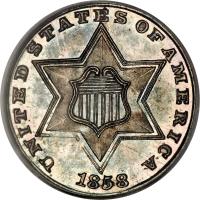 obverse of 3 Cents - Three outlines in star (1854 - 1858) coin with KM# 80 from United States. Inscription: UNITED STATES OF AMERICA 1858