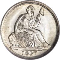 United States coin 1/2 Dime - Seated Liberty Half Dime; Without stars (1837 - 1838) obverse obverse of 1/2 Dime - Seated Liberty Half Dime; Without stars (1837 - 1838) coin with KM# 60 from United States. Inscription: LIBERTY 1837