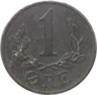 reverse of 1 Øre - Christian X (1941 - 1946) coin with KM# 832 from Denmark. Inscription: 1 ØRE